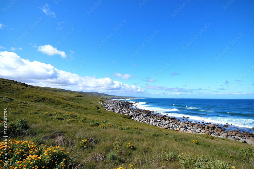 Coastal landscape with grass and wildflowers Coastal landscape with grass and wildflowers