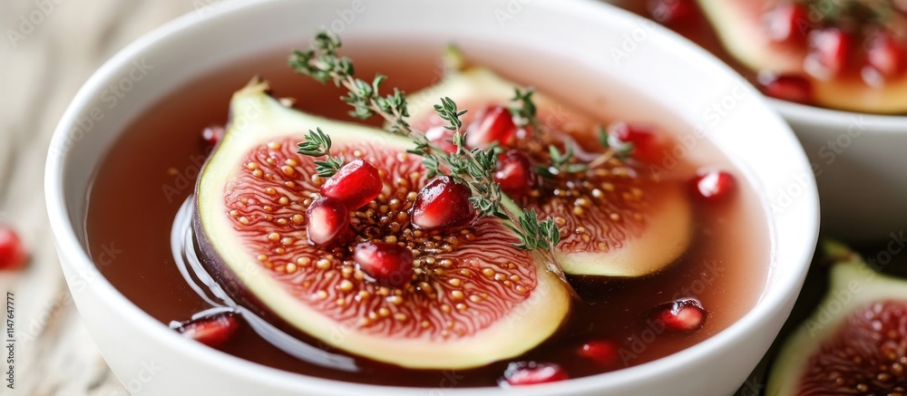 Fresh fig and honey fruit soup, with pomegranate seeds and thyme sprigs for garnish Fresh fig and honey fruit soup, with pomegranate seeds and thyme sprigs for garnish