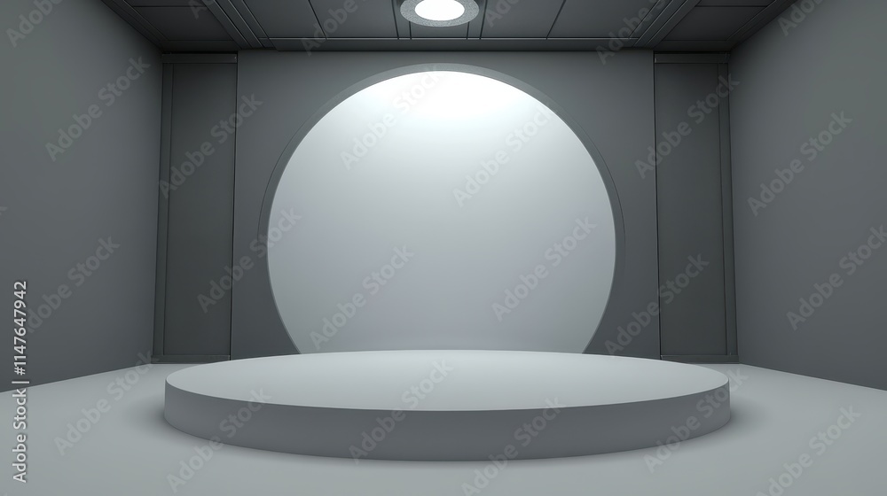Minimalist grey room with circular display platform Minimalist grey room with circular display platform