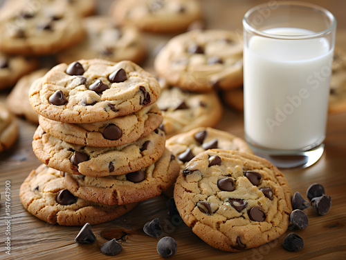 Chocolate chip cookies with a glass of milkChocolate chip cookies with a glass of milk photo