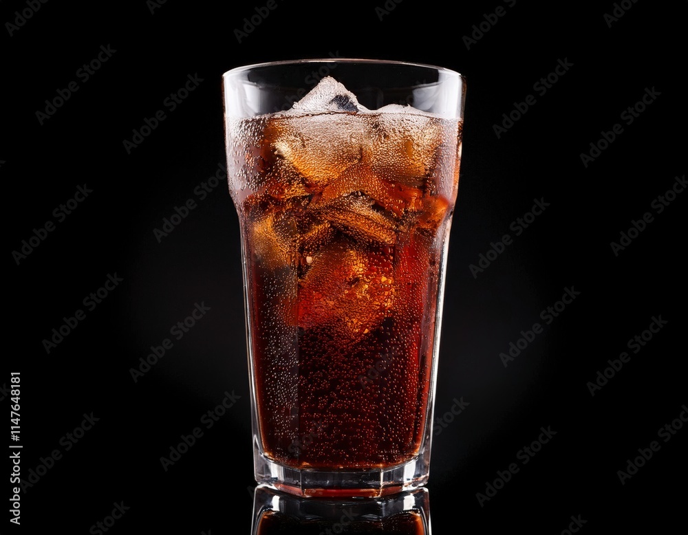Glass of cola with ice on black background