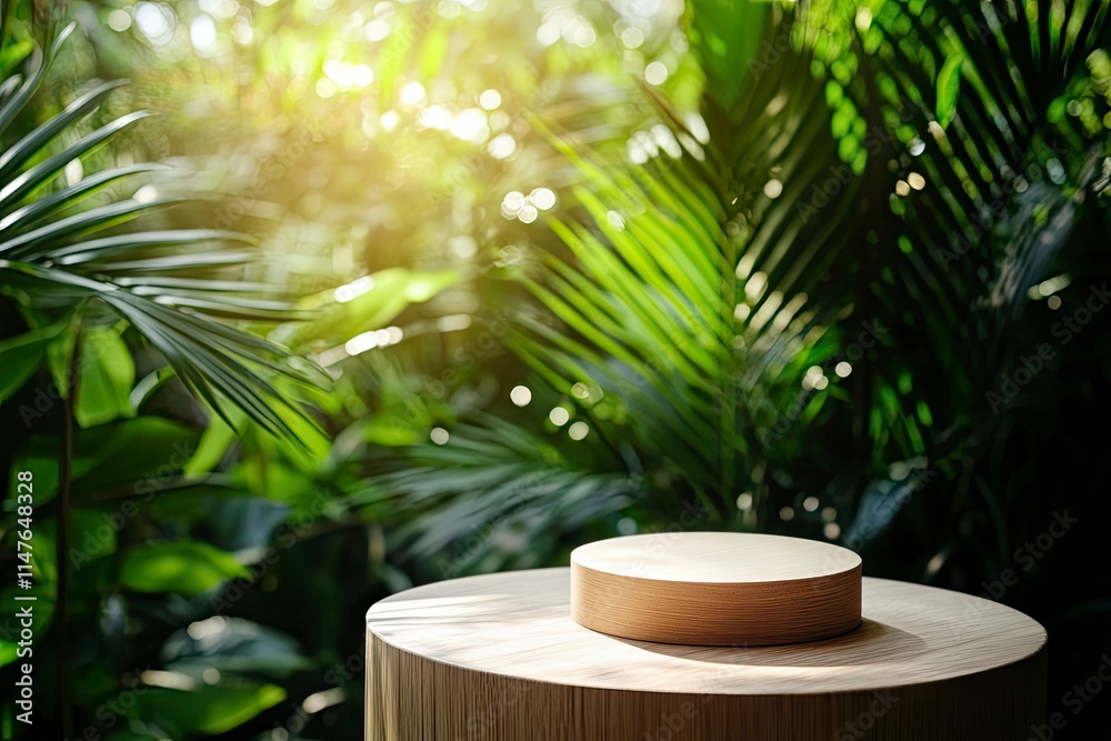table top wood podium counter in tropical outdoor nature garden forest jungle green plant with golden sunlight background. healthy natural product placement promotion display.spring or summer scene. table top wood podium counter in tropical outdoor nature garden forest jungle green plant with golden sunlight background. healthy natural product placement promotion display.spring or summer scene.