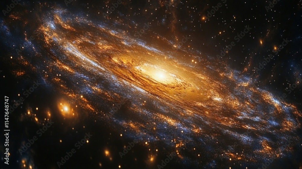 Naklejka premium Spiral galaxy, gold and blue hues, cosmic dust.