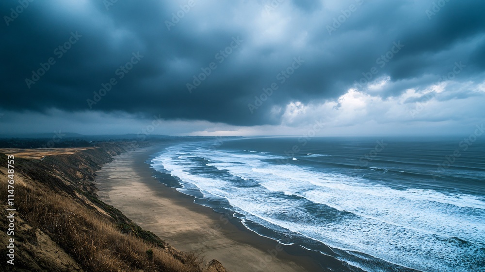 Fototapeta premium Dramatic Coastal Landscape with Stormy Clouds over Ocean Waves