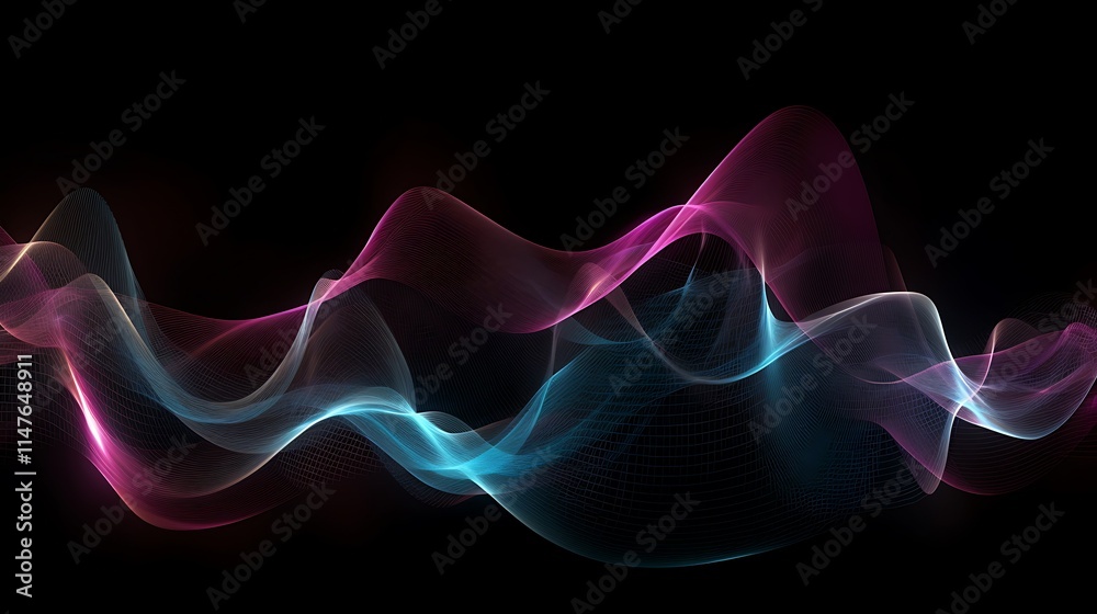 Abstract flowing light waves, pink, blue, and purple hues on black background. Abstract flowing light waves, pink, blue, and purple hues on black background.