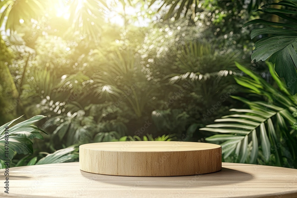 table top wood podium counter in tropical outdoor nature garden forest jungle green plant with golden sunlight background. healthy natural product placement promotion display.spring or summer scene. table top wood podium counter in tropical outdoor nature garden forest jungle green plant with golden sunlight background. healthy natural product placement promotion display.spring or summer scene.