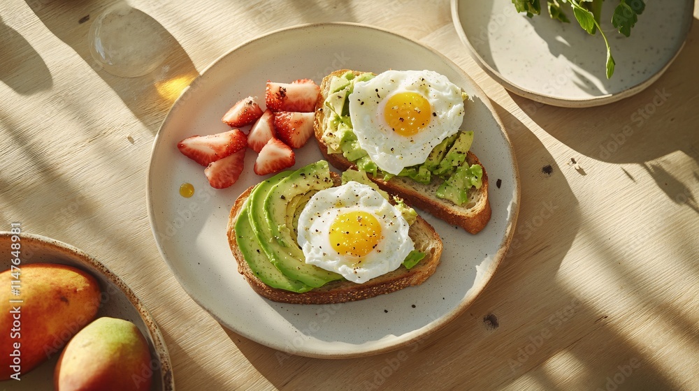 Delicious Avocado Toast with Eggs and Fresh Strawberries on Plate