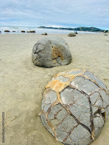 Obraz na plátně Spherical Boulders at Moeraki Boulders Beach. Rocks on the beach