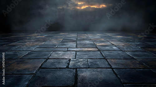 Dark Stone Floor with Fog and Sunset Illustration