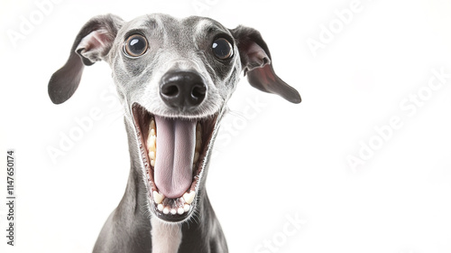 Excited grey dog with open mouth on isolated white background