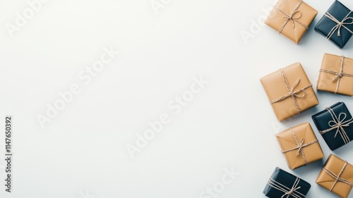 Minimalist gift boxes on white background with copy space.