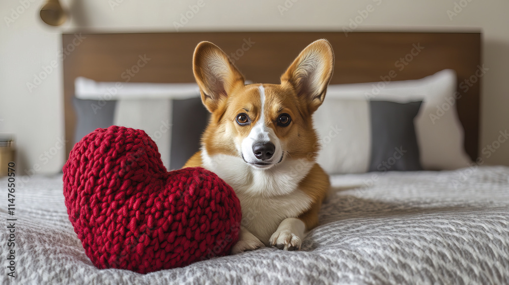 Corgi dog lying on bed with large knitted red heart pillow, looking adorable Corgi dog lying on bed with large knitted red heart pillow, looking adorable
