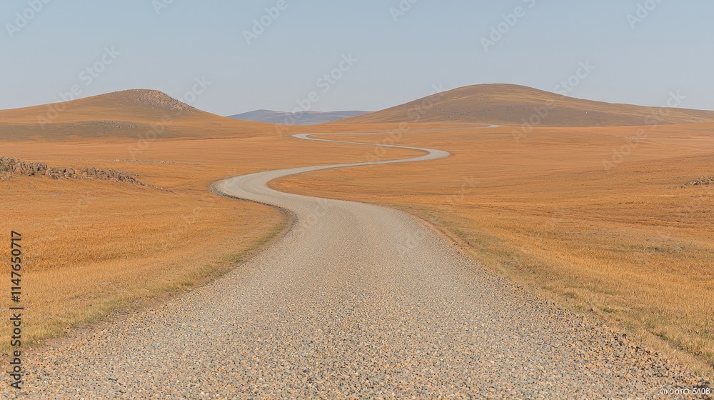Winding gravel road through a vast, dry, hilly landscape under a pale sky. Winding gravel road through a vast, dry, hilly landscape under a pale sky.