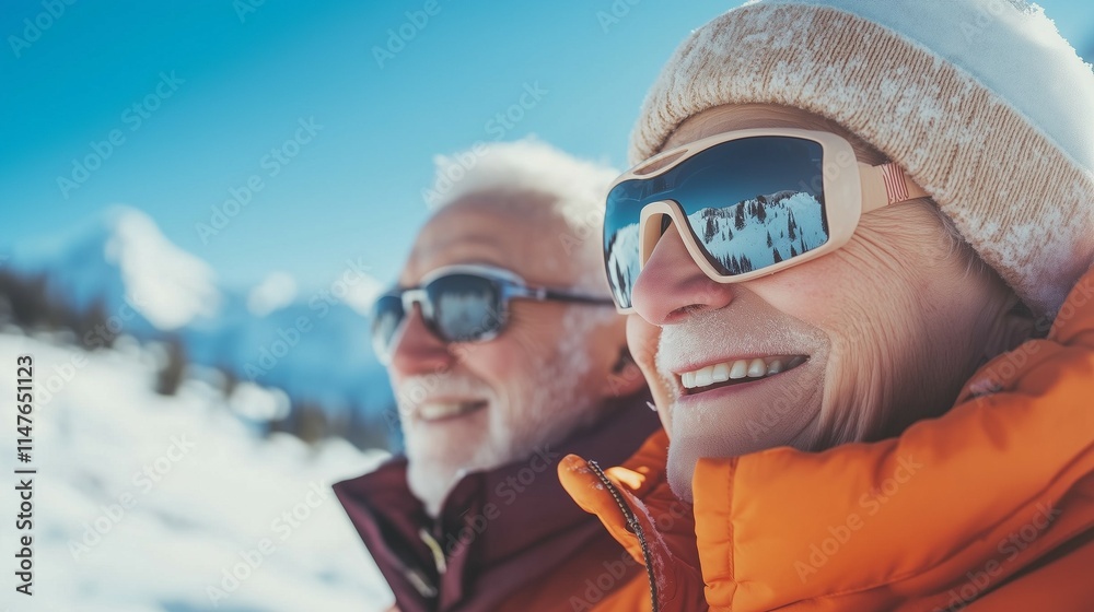 Happy elderly friends in mountain snow landscape enjoying holiday vacation Concept of Active lifestyle and healthy aging Happy elderly friends in mountain snow landscape enjoying holiday vacation Concept of Active lifestyle and healthy aging
