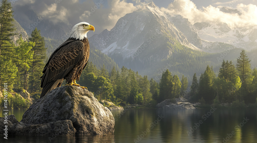 Fototapeta premium Majestic bald eagle perched on rock by serene lake surrounded by mountains