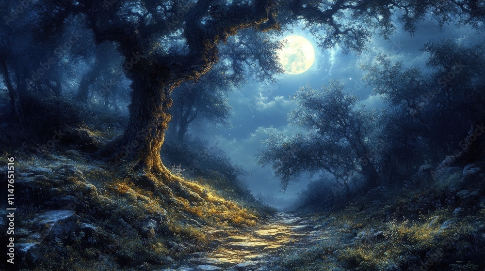 Obraz premium Moonlit forest path, ancient tree, mystical scene.