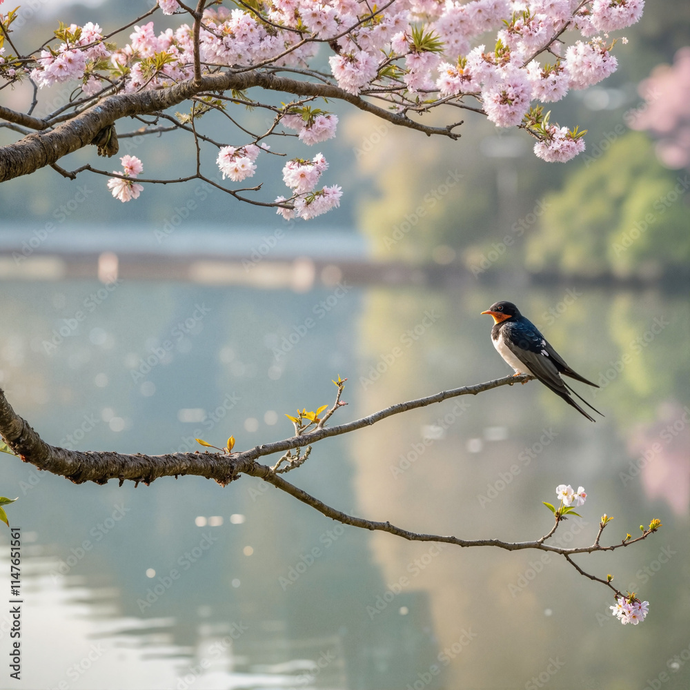 Bird perched on branch with cherry blossoms Bird perched on branch with cherry blossoms