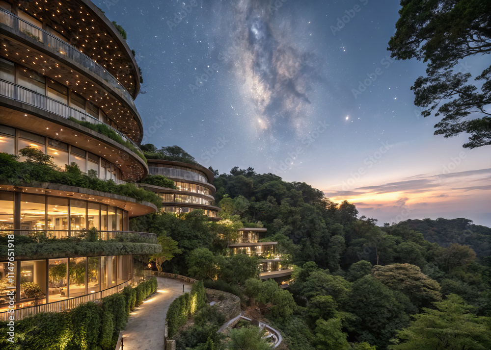 Stunning architectural photography of modern building surrounded by lush greenery under starry sky, showcasing harmonious blend of nature and design Stunning architectural photography of modern building surrounded by lush greenery under starry sky, showcasing harmonious blend of nature and design