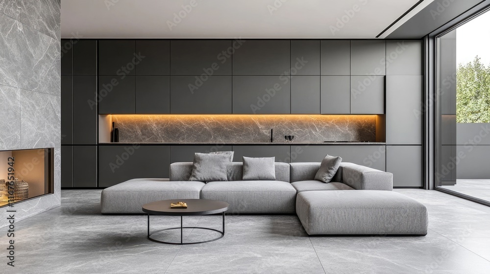 Modern grey living room and kitchen combined in a stylish design. This modern grey living room and kitchen offer a sleek aesthetic, with ample copy space for your creative projects. Modern grey living room and kitchen combined in a stylish design. This modern grey living room and kitchen offer a sleek aesthetic, with ample copy space for your creative projects.
