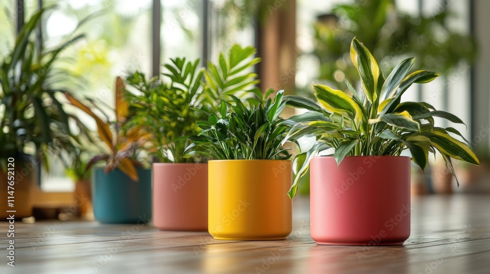 Vibrant living plants in colorful pots create an inviting atmosphere against a blurred backdrop of whitewashed wooden floorboards, offering a fresh and lively appeal. Vibrant living plants in colorful pots create an inviting atmosphere against a blurred backdrop of whitewashed wooden floorboards, offering a fresh and lively appeal.
