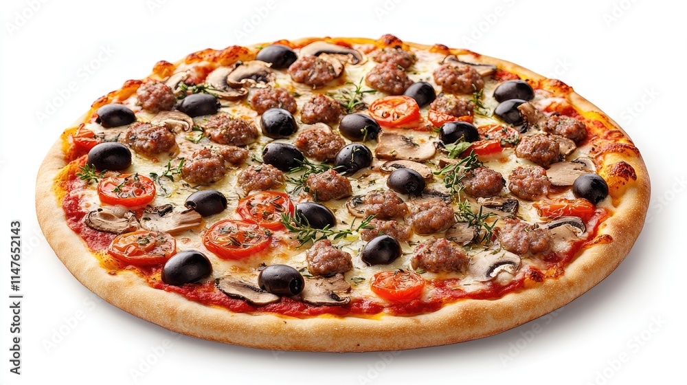 Delicious homemade pizza topped with sausage, mushrooms, olives, and tomatoes, garnished with oregano, presented against a clean white background with ample copy space. Delicious homemade pizza topped with sausage, mushrooms, olives, and tomatoes, garnished with oregano, presented against a clean white background with ample copy space.