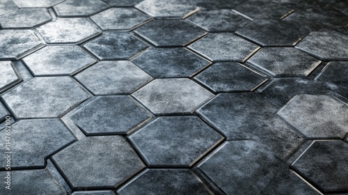 Hexagon texture and pentagon shape create a stunning decorative floor and wall tiles design, offering a unique and modern aesthetic with ample photo space for various applications.