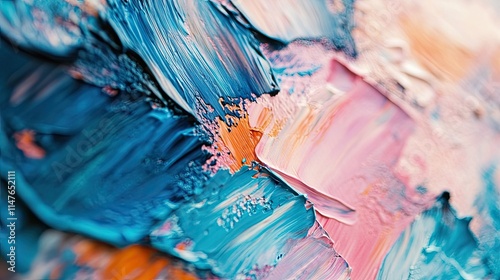 Closeup of an abstract oil painting highlighting rich, thick strokes of blue and pink paint, offering a vibrant visual experience with intriguing details and ample copy space. photo