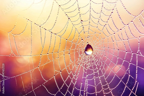 A dewdrop sparkles on a spiderweb in the gentle sunlight, highlighting nature's intricate silk patterns and creating a captivating display of reflected light. photo