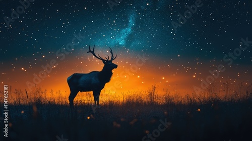 Majestic deer silhouette stands tall under a vibrant night sky filled with stars and a galaxy, highlighting the beauty of nature's nocturnal splendor. photo