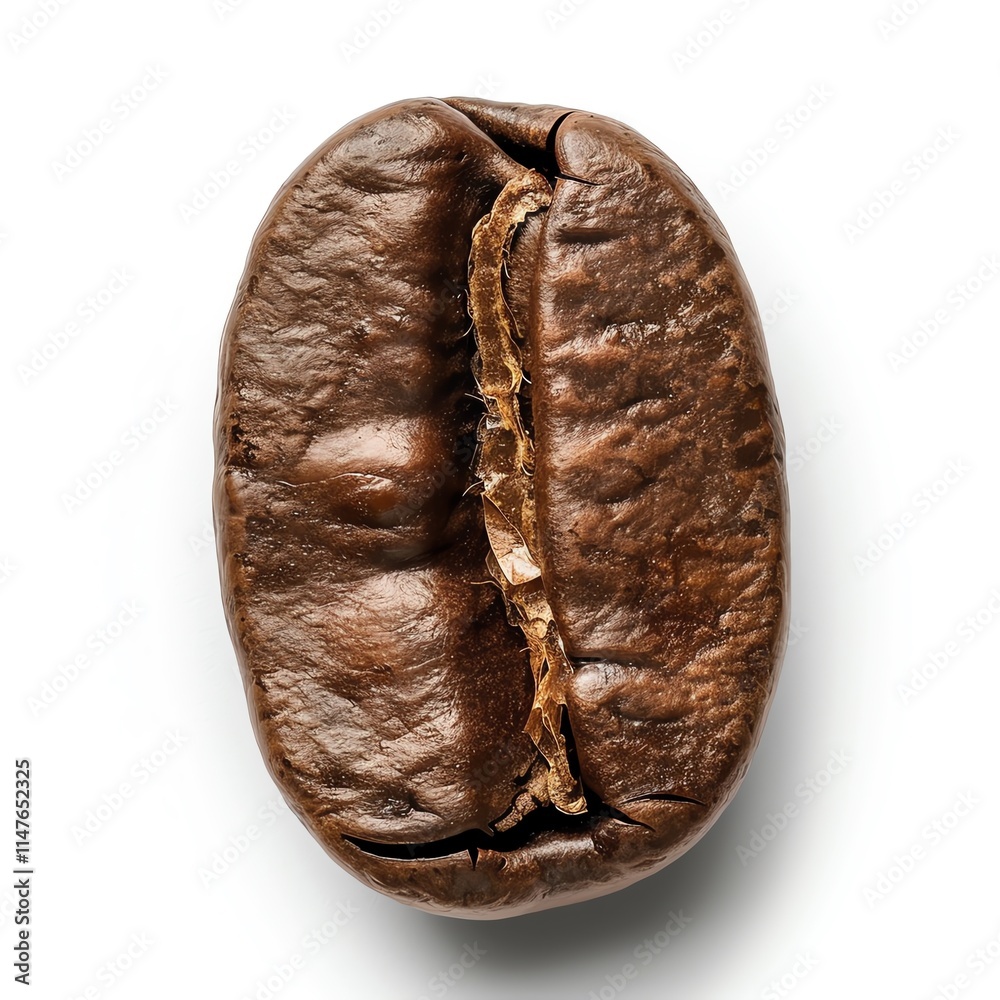 Naklejka premium Close-up of a dark roasted coffee bean highlighting its texture, isolated on white background, photo-realistic
