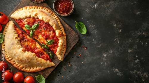 Delicious calzone, a classic Italian food, exemplifies the rich flavors of farinaceous food. This image captures the essence of calzone with ample copy space for your needs. photo