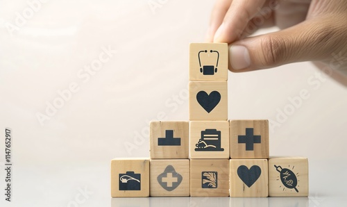 From Ideas to Icons: How Medical Symbols on Wooden Blocks Represent the Conceptualization of Insurance Schemes, アイデアからアイコンへ: 木製ブロックの医療シンボルが保険計画の概念化を表す方法,Generative AI photo