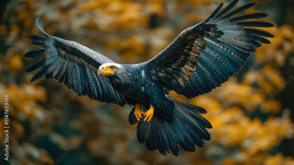 Obraz premium Majestic eagle in flight, wings spread wide, sharp talons, intense gaze.