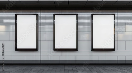 Three glossy vertical billboards stand empty against a white subway wall, providing a clear backdrop perfect for advertising. These vertical billboards offer ample copy space for any message.