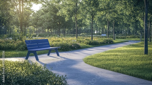 Park with a blue bench designed for solar energy charging, equipped with a mobile charger. This high-quality photo captures the essence of modern outdoor spaces. Copy space included. photo