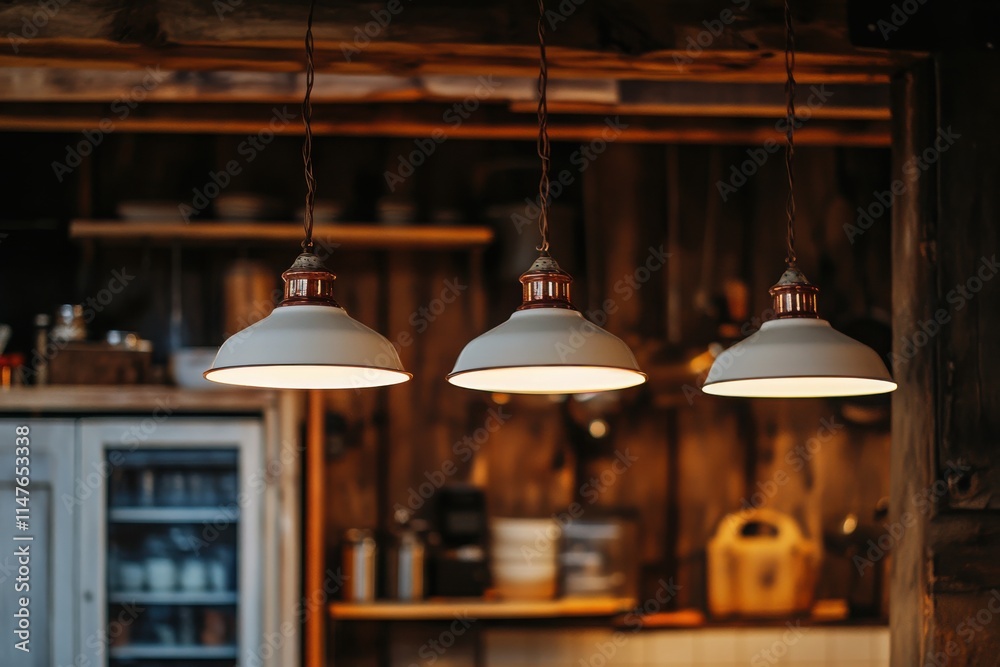 Obraz premium Rustic Kitchen with Warm Hanging Lights