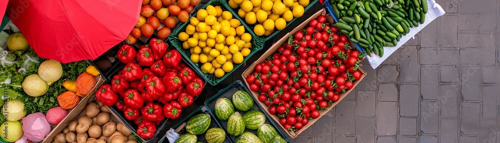 A vibrant market display featuring various fresh fruits and vegetables organized in crates with a red umbrella overhead.
