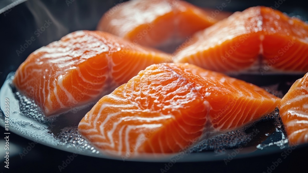 Photo of salmon being cooked in a frying pan, capturing the vibrant colors and textures of salmon, with ample copy space for text or graphics. The salmon roll highlights culinary art. Photo of salmon being cooked in a frying pan, capturing the vibrant colors and textures of salmon, with ample copy space for text or graphics. The salmon roll highlights culinary art.