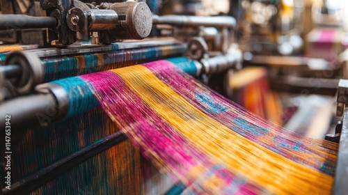 Textile machines designed for weaving silk thread, emphasizing the intricate process of creating silk fabric. Captivating details of textile machines with ample copy space for design purposes.