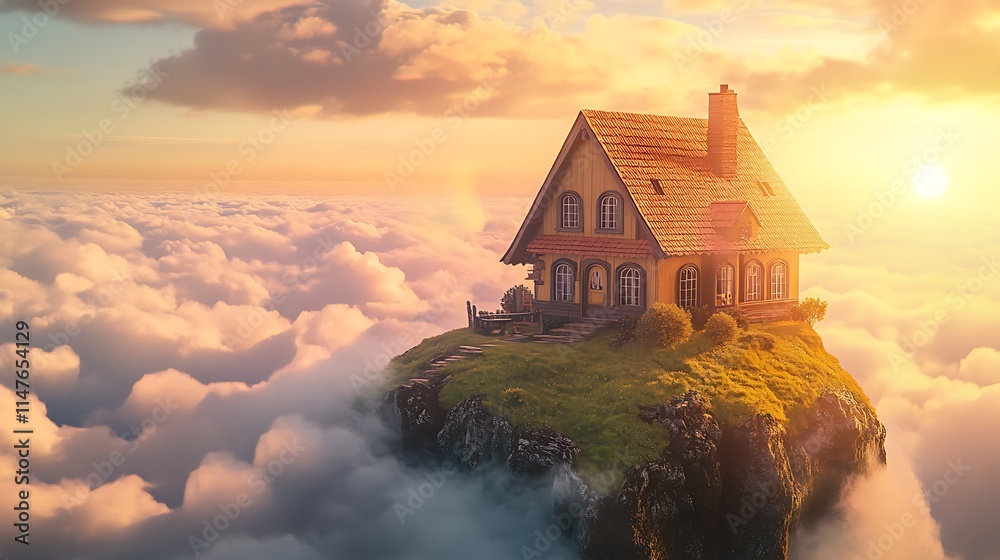 Idyllic house perched atop a cliff in the clouds at sunset. Idyllic house perched atop a cliff in the clouds at sunset.