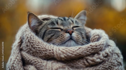 Adorable cat wrapped in a cozy knitted scarf, creating a charming scene. This cute cat exudes warmth and comfort, perfect for capturing delightful moments. Ample copy space available.