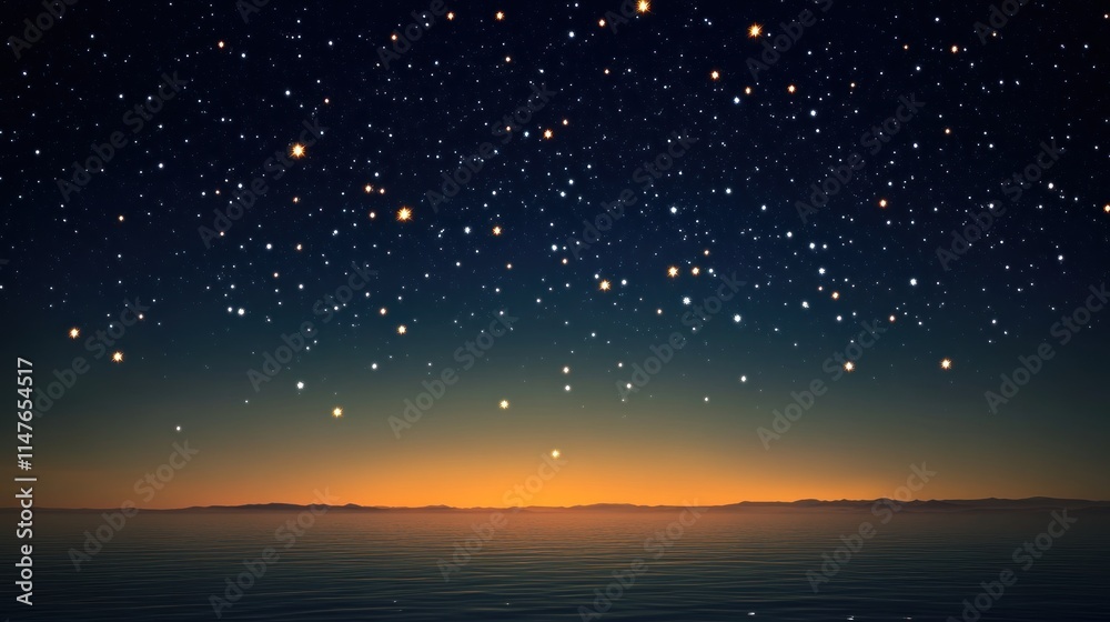 Naklejka premium Starry Night Sky Over Calm Ocean Waters