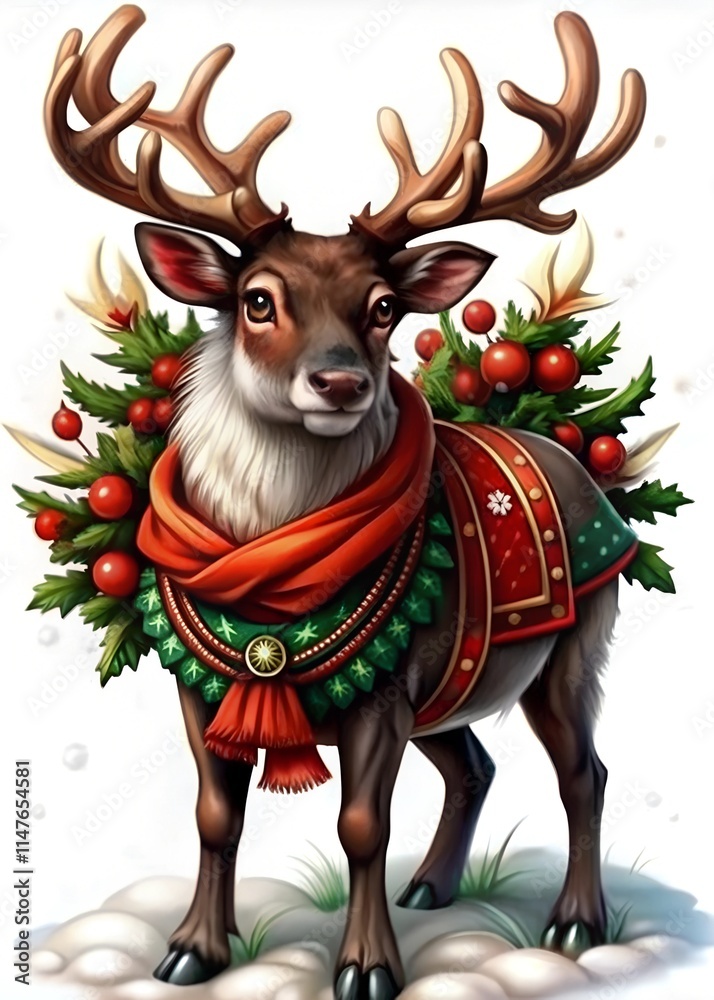Obraz premium Cheerful reindeer in a warm scarf decorated with Christmas ornaments in a winter forest. Concept: Holiday, Festivity, Nature, Christmas Spirit. 