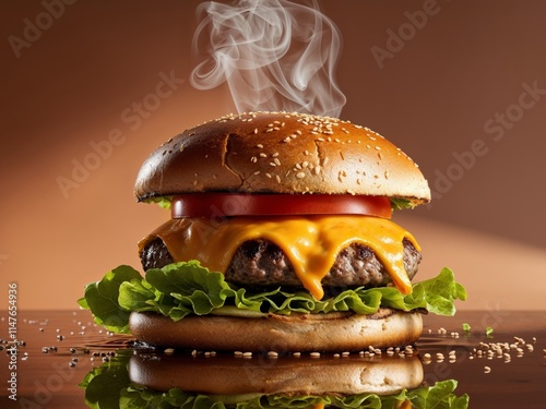 hamburger on brown background with mirrored floor photo