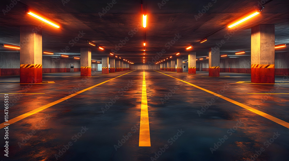 Fototapeta premium Empty Parking Garage with Fluorescent Lights 3D Illustration