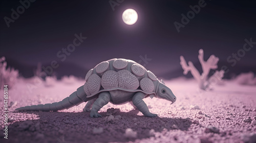 A curious armadillo wandering through a moonlit desert, its textured armor-like shell reflecting faint silvery light photo