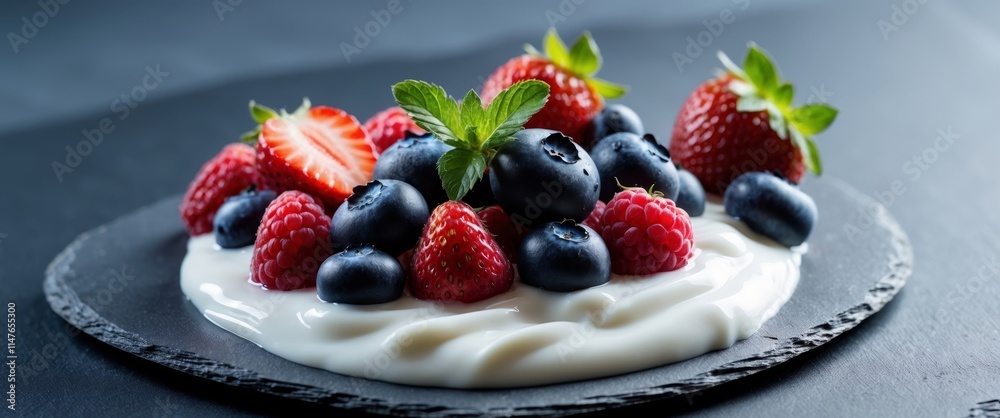 Creamy Yogurt with Fresh Berries and Mint Leaves on Dark Surface Creamy Yogurt with Fresh Berries and Mint Leaves on Dark Surface