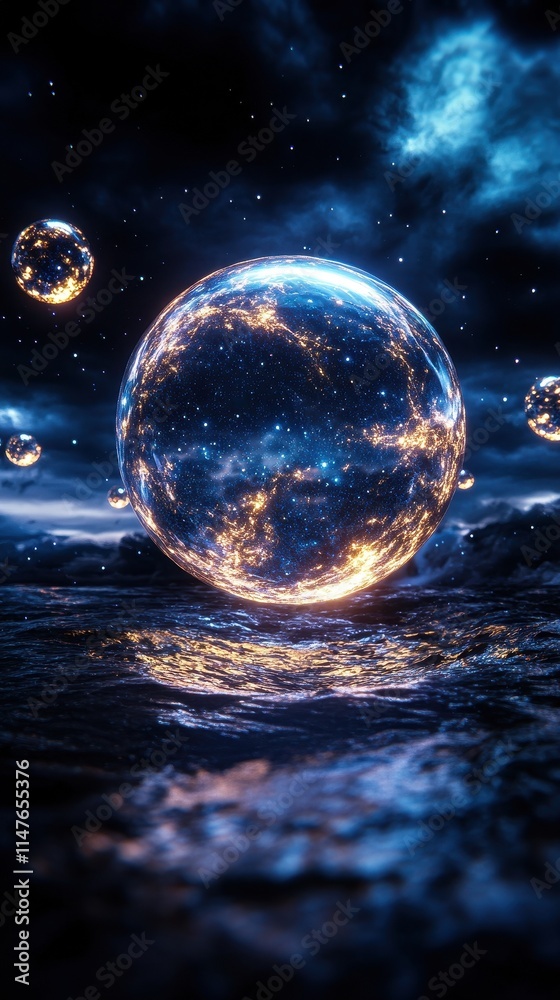 A mesmerizing bubble floating in a cosmic water landscape. A mesmerizing bubble floating in a cosmic water landscape.