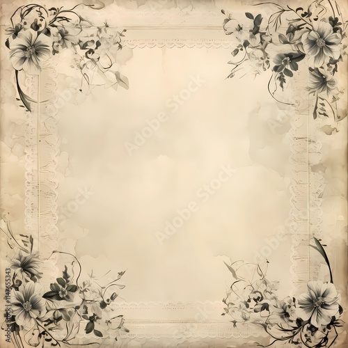 A vintage background with a lace pattern and a bouquet of blue and white flowers are placed in the corner on both sides. Empty space in the middle for writing text.