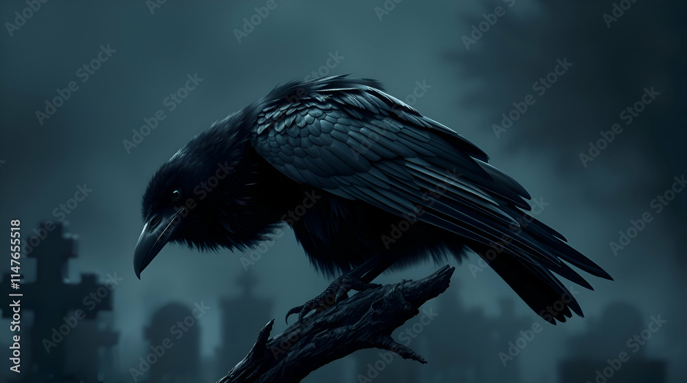Naklejka premium A lone raven perched on a gnarled tree branch in a foggy graveyard, its glossy black feathers catching faint moonlight